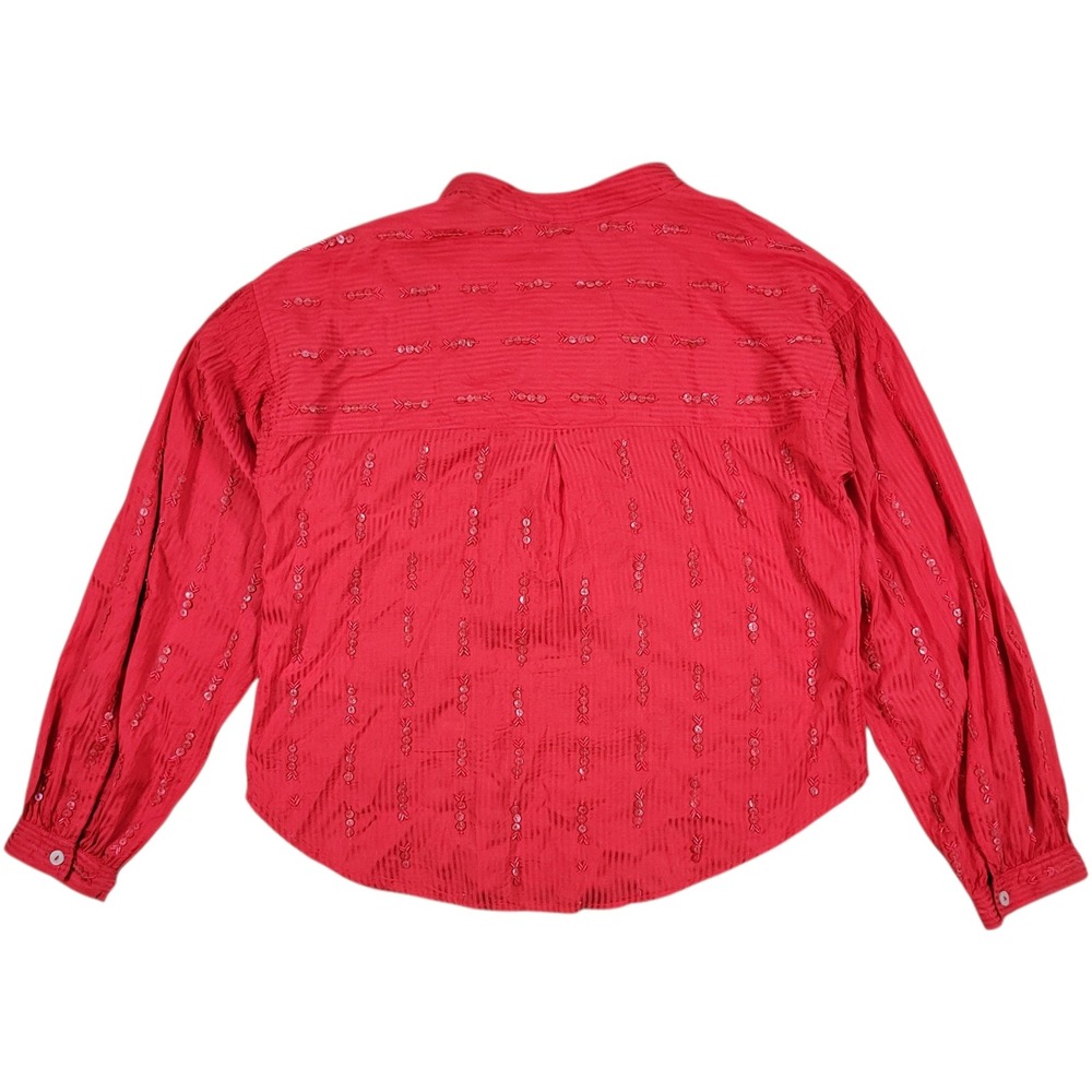 Pilcro Pintucked Button Down‎ Blouse Womens XS Red Beaded V-Neck Boho Anthro Top - Picture 3 of 9
